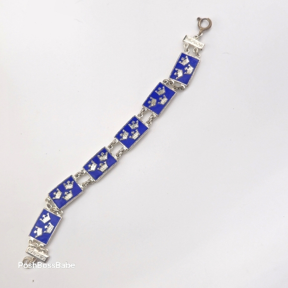 Vintage Sterling Silver & Blue Enamel Link Bracelet - 6" - Picture 1 of 7